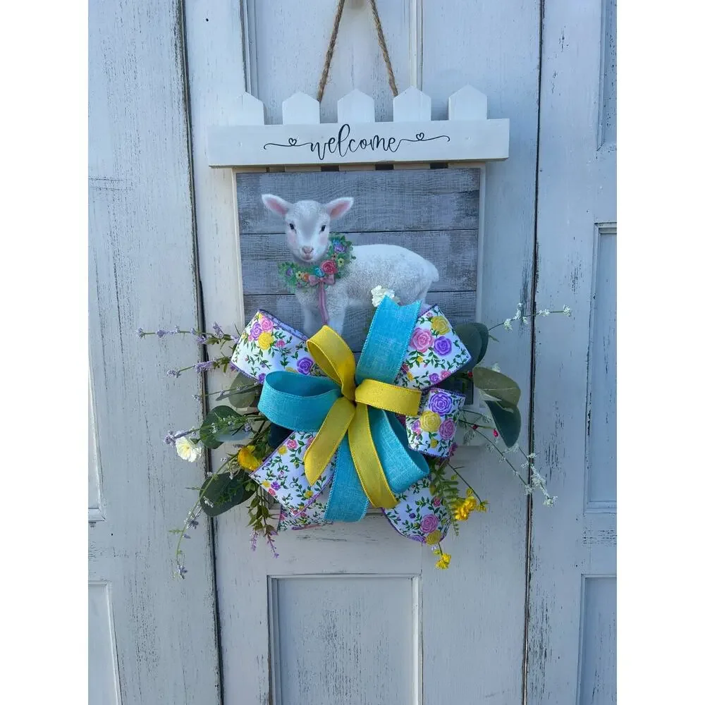 Easter Picket Fence Door Wreath with Lamb, Wood Porch Decoration, Floral Accents